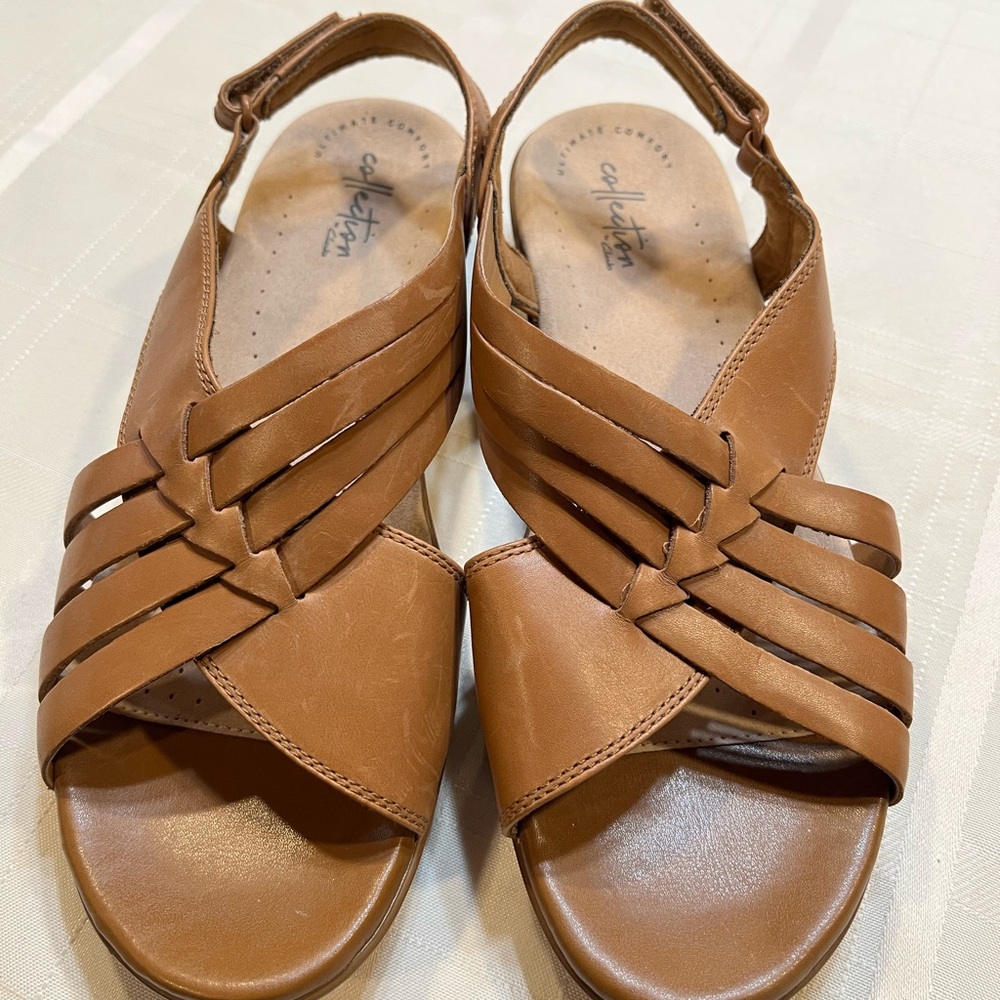 Clarks Brown Leather Sandals with Woven Straps